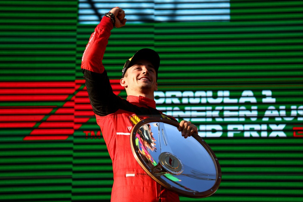 Ferrari’s Charles Leclerc celebrates on the podium after winning the 2022 Australian Grand Prix. Photo: Reuters/Martin Keep