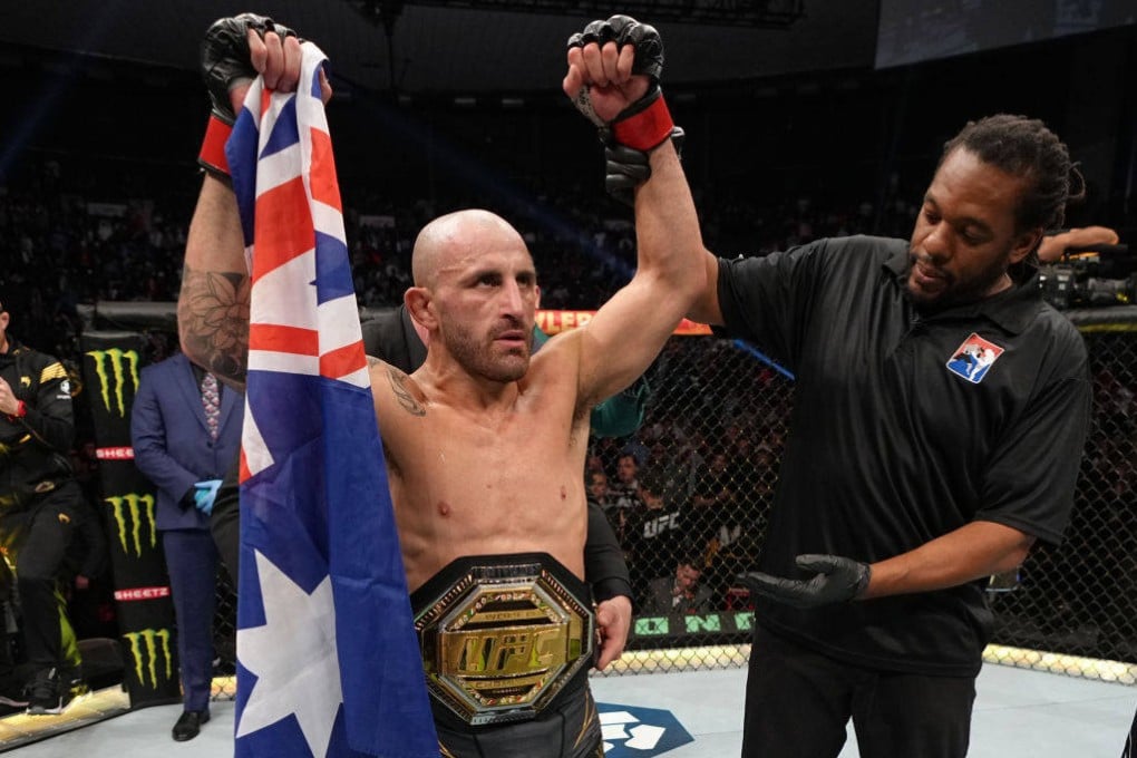 Alex Volkanovski celebrates after his victory over ‘The Korean Zombie’ Jung Chan-sung in their UFC featherweight championship fight ay UFC 273. Photo: Jeff Bottari/Zuffa LLC