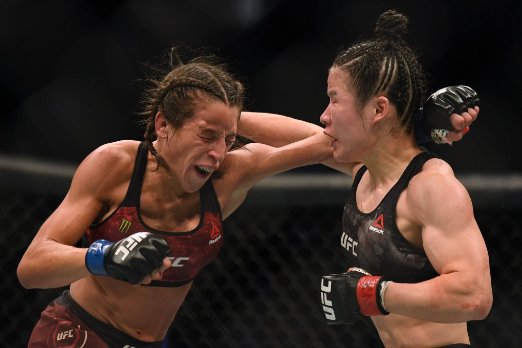 Zhang Weili (right) battles against Joanna Jedrzejczyk en route to a split decision win at T-Mobile Arena on March 7, 2020 in Las Vegas, Nevada. Photo: Harry How/Getty Images/AFP