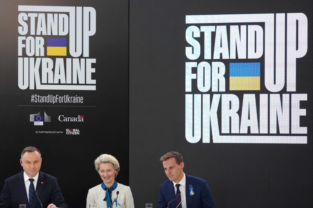 Polish President Andrzej Duda (left) and European Commission chief Ursula von der Leyen (centre) attend the “Stand up for Ukraine” event in Warsaw on April 9. Photo: AFP