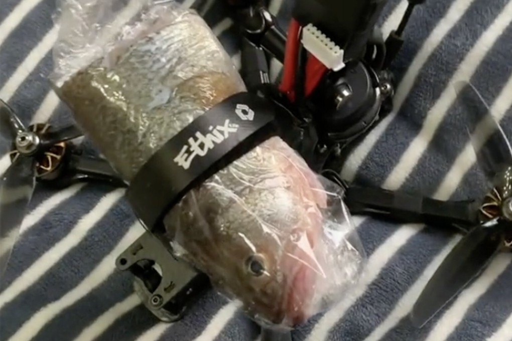 A man delivered all sorts of food, including half a fish, to his neighbour via drone during Shanghai’s lockdown. Photo: Douyin