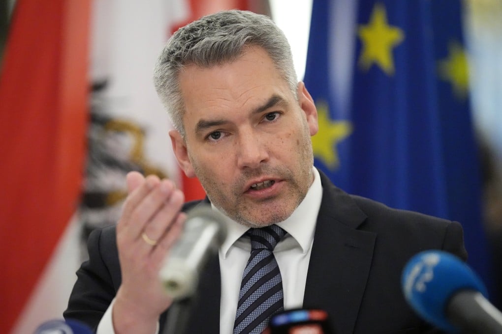 Austria’s Chancellor Karl Nehammer speaks during a news conference after his meeting with Russian President Vladimir Putin in Moscow on Monday. Photo: AP