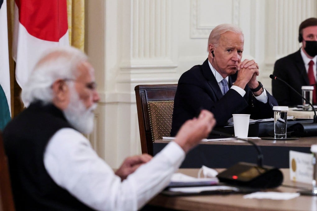 US President Joe Biden listens as India’s Prime Minister Narendra Modi speaks during a meeting in the White House in September 2021. On Monday, the two leaders met virtually in advance of the nations’ 2+2 Dialogue. Photo: Reuters