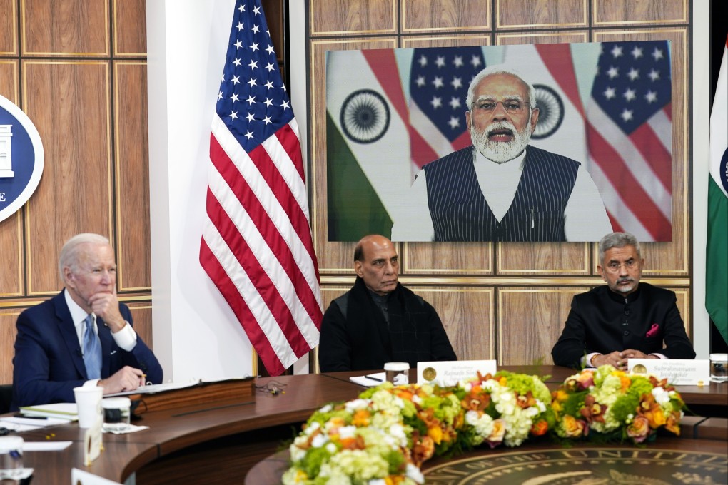 US President Joe Biden holds a virtual meeting with Indian Prime Minister Narendra Modi in the South Court Auditorium on the White House campus in Washington on Monday. Photo: AP