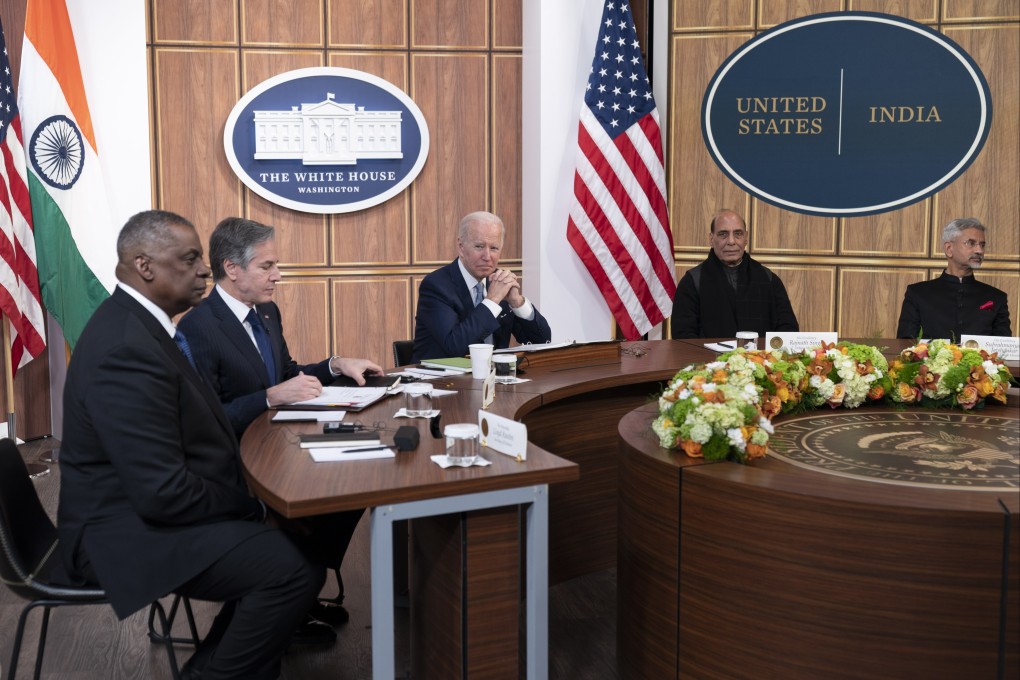US President Joe Biden (centre) at the White House with (from left) US defence chief Lloyd Austin, Secretary of State Antony Blinken, Indian defence minister Rajnath Singh and foreign minister Subrahmanyam Jaishankar. Photo: EPA-EFE