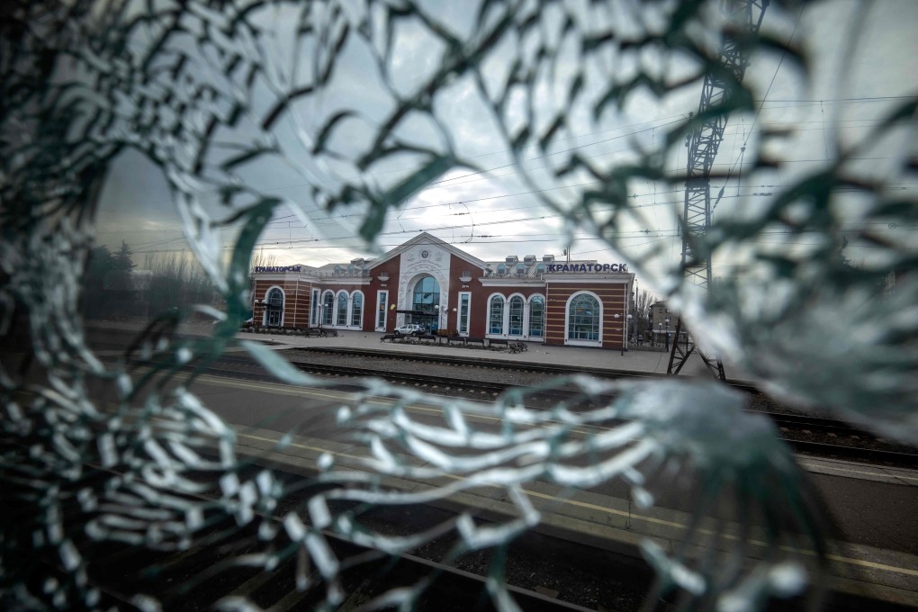 The Kramatorsk train station is seen from a train car after a rocket attack on Friday that killed at least 57 civilians. Photo: AFP