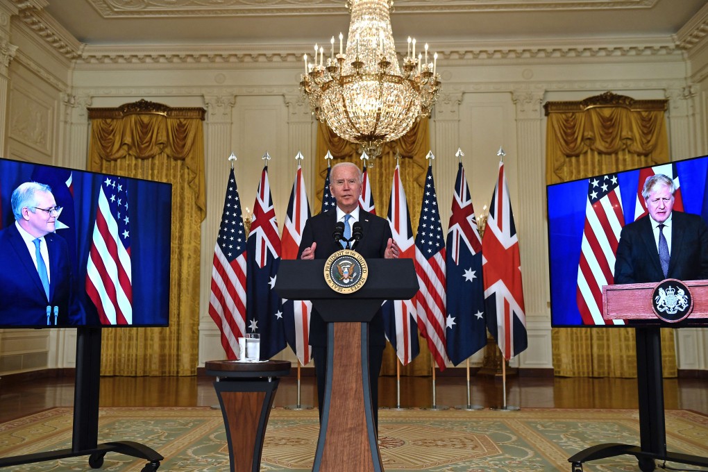 US President Joe Biden speaks on the Aukus deal with British leader Boris Johnson (right) and Australian Prime Minister Scott Morrison (left) at the White House in September 2021. Photo: AFP/Getty Images/TNS