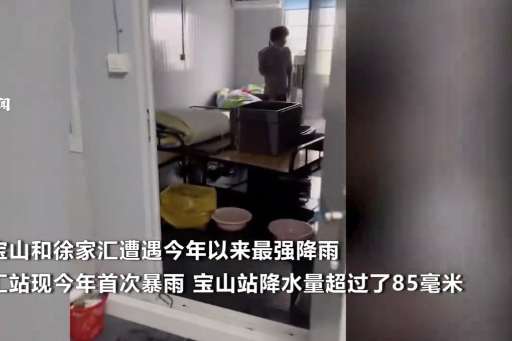 Rain leaking from the ceiling of a fangcang draws attention to the poor construction of temporary shelters, and living conditions that many are more scared of than the virus. Photo: Handout