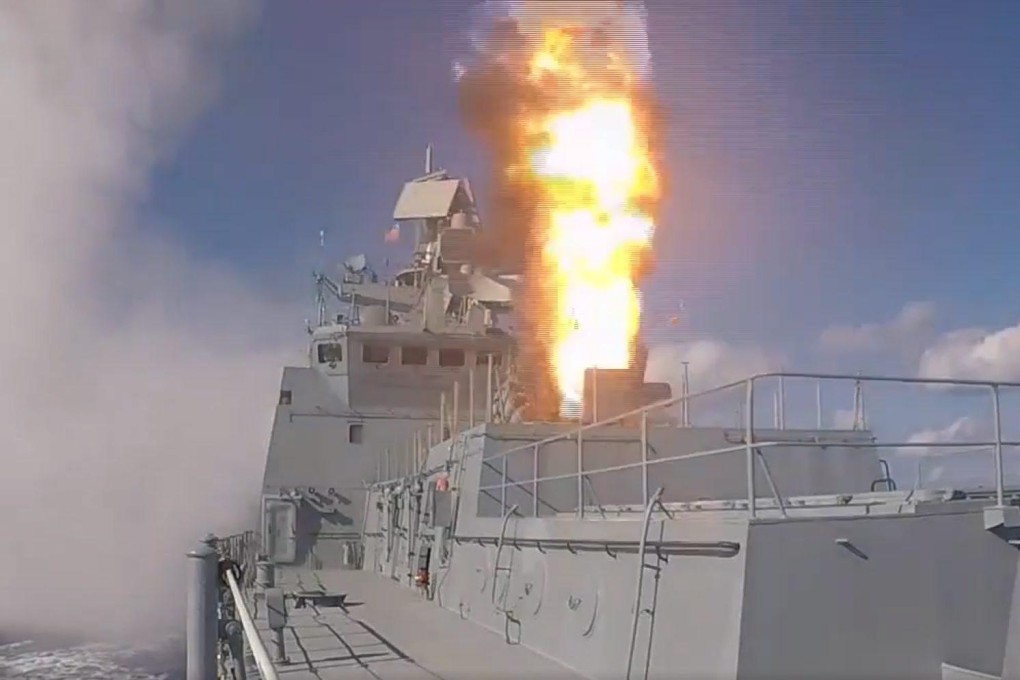 A Russian frigate firing Kalibr cruise missiles. Photo: EPA
