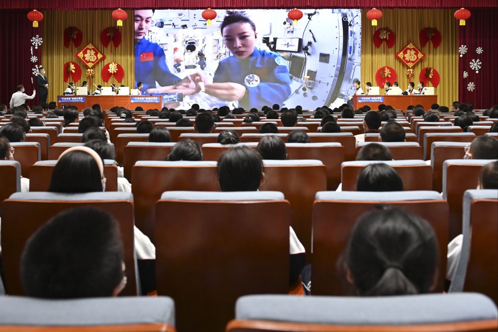 Students in northwestern China watch a live-streamed popular science lecture by Chinese astronauts from the Tiangong space station in March. Photo: Xinhua