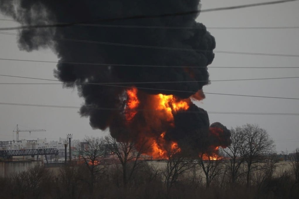A fuel depot on fire in the Russian city of Belgorod on April 1. Ukraine’s defence ministry has so far not commented on several border incidents, including the fuel depot strike. Photo: BelPressa via Reuters