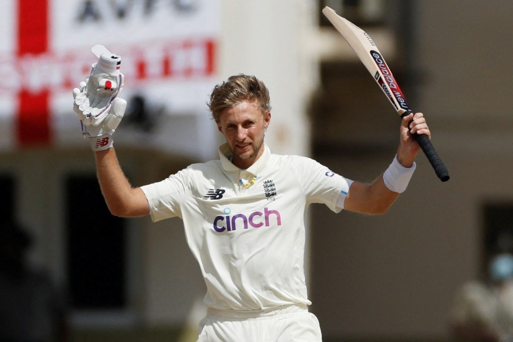Joe Root celebrates reaching his century against West Indies. Photo: Reuters
