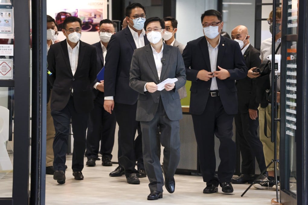 Hong Kong chief executive candidate John Lee prepares to meet the press at Science Park on Saturday. Photo: Jelly Tse