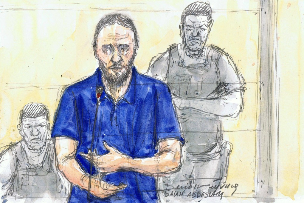 Defendant Salah Abdeslam attends the Paris attacks trial in a temporary courtroom set up at the Palais de Justice courthouse in Paris on Thursday. Courtroom sketch: Benoit Peyrucq via AFP