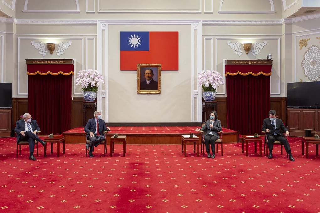 Members of the US Congressional delegation with President Tsai Ing-wen and other Taiwanese officials at the Presidential Office in Taipei. Photo: Taiwan Presidential Office via AP
