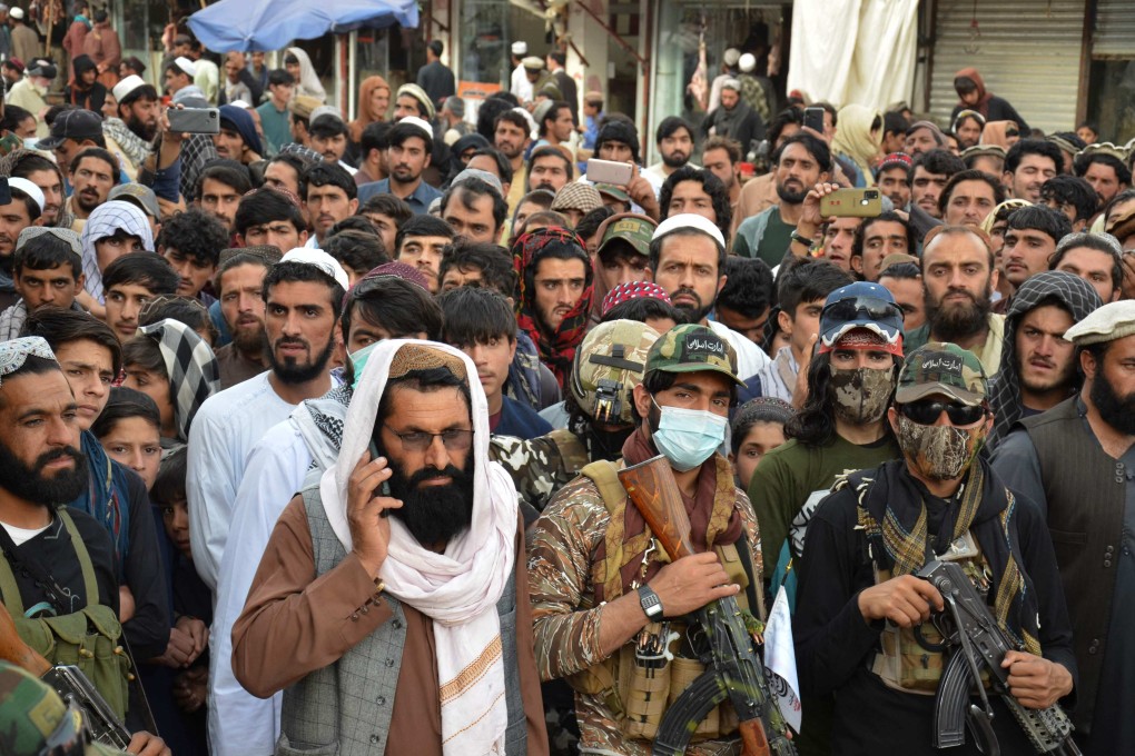 Demonstrators take part in a protest against Pakistani airstrikes in Khost Province, in Khost on Saturday. At least five children and a woman were killed in an eastern Afghan province when Pakistani military forces fired rockets along the border in a pre-dawn assault an official and a resident said. Photo: AFP
