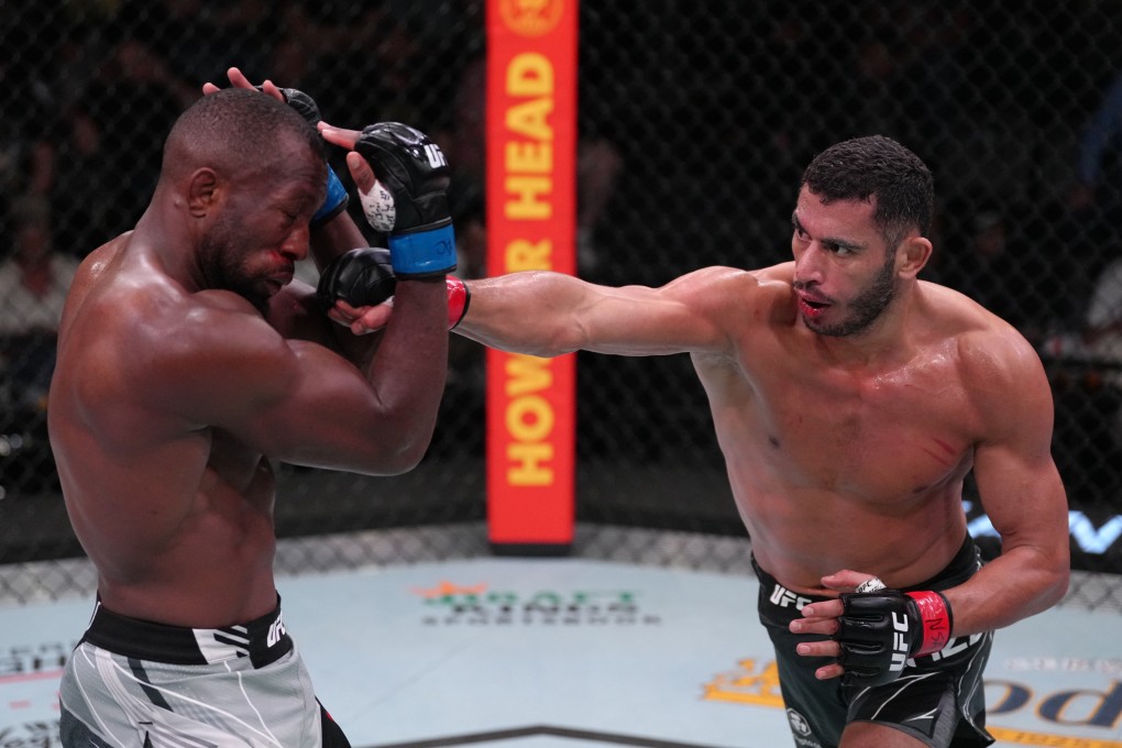 Mounir Lazzez of Tunisia (right) punches Ange Loosa of Congo in their welterweight fight in Las Vegas. Photo: Zuffa LLC