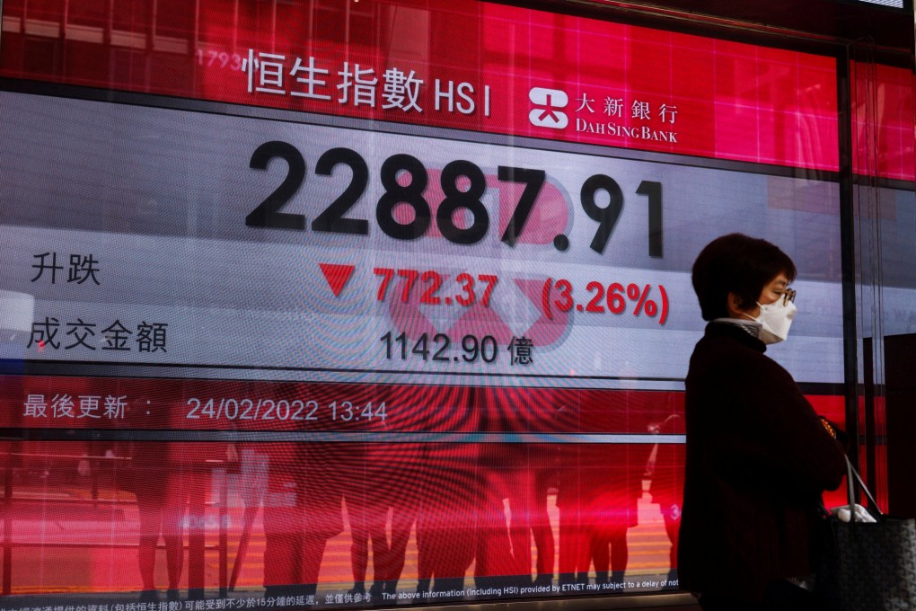 A woman walks past a screen displaying Hang Seng Index in February 2022. Photo: Reuters