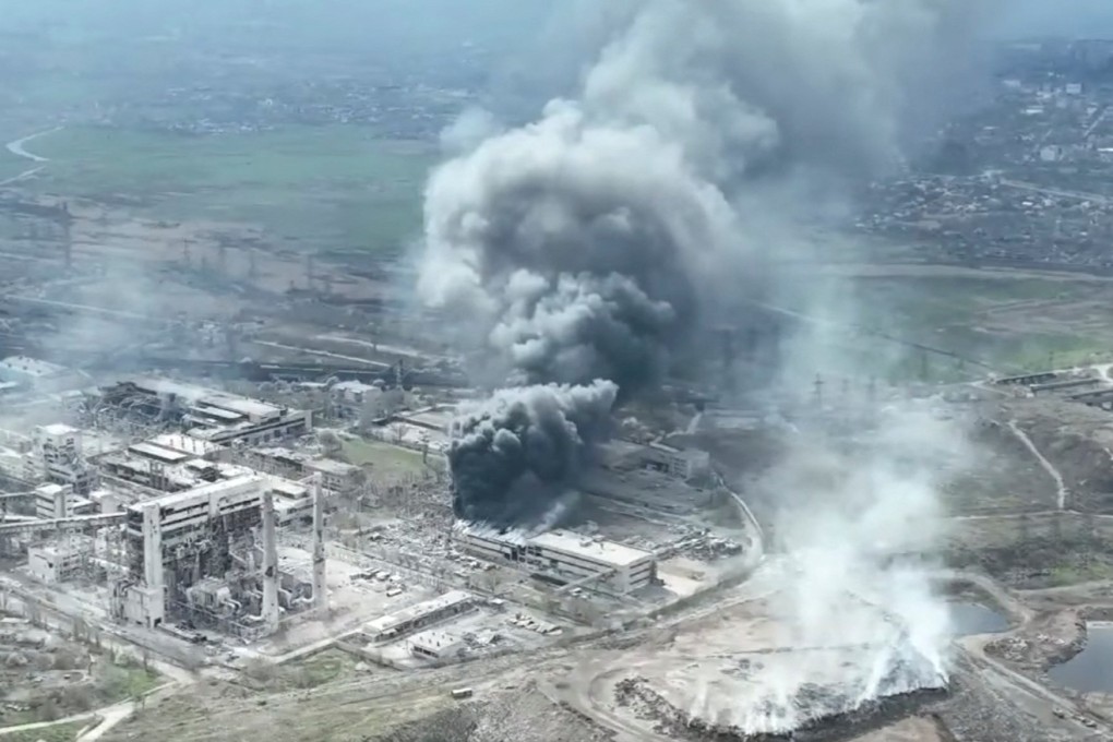 Smoke rises above the Azovstal steel and iron works, in Mariupol, Ukraine, in this still image obtained from a recent drone video posted on social media. Photo: Mariupol City Council via Reuters