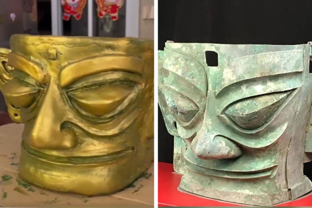 The replica of a mask made by a father and his daughter (left) compared with the original (right). Photo: Handout