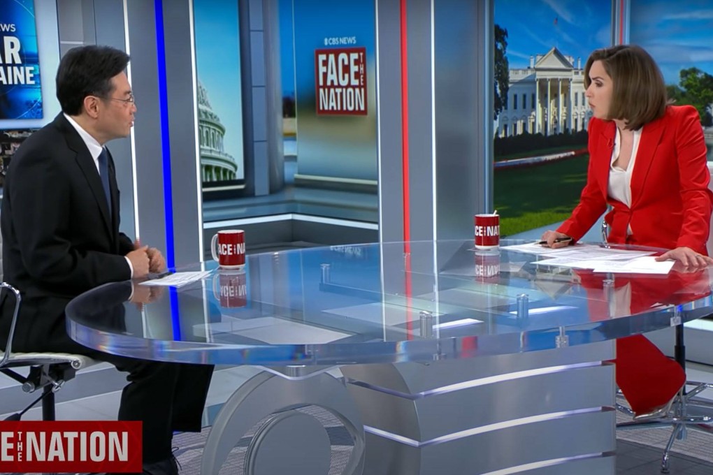 Qin Gang (left), China’s ambassador to the United States, speaks with host Margaret Brennan during the Face the Nation programme on CBS on March 20. Photo: YouTube