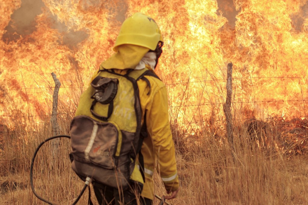 A firefighter stands near a wildfire that spread to cover more than 500,000 hectares amid persistent dry weather in Corrientes, Argentina, on February 15. Photo: Reuters