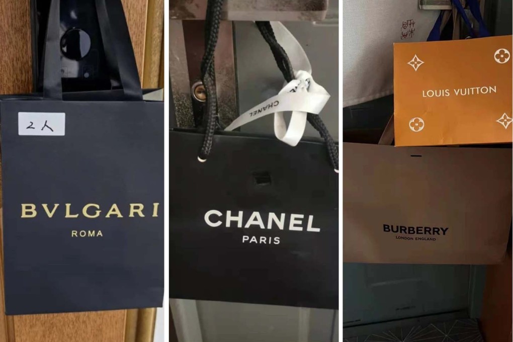 Shanghai residents hung paper shopping bags from expensive brands to collect their Covid-19 tests. Photo: SCMP composite