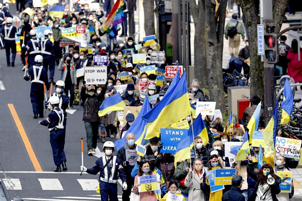 People march in Japan’s Nagoya to protest against Russia’s invasion of Ukraine. File photo: Kyodo