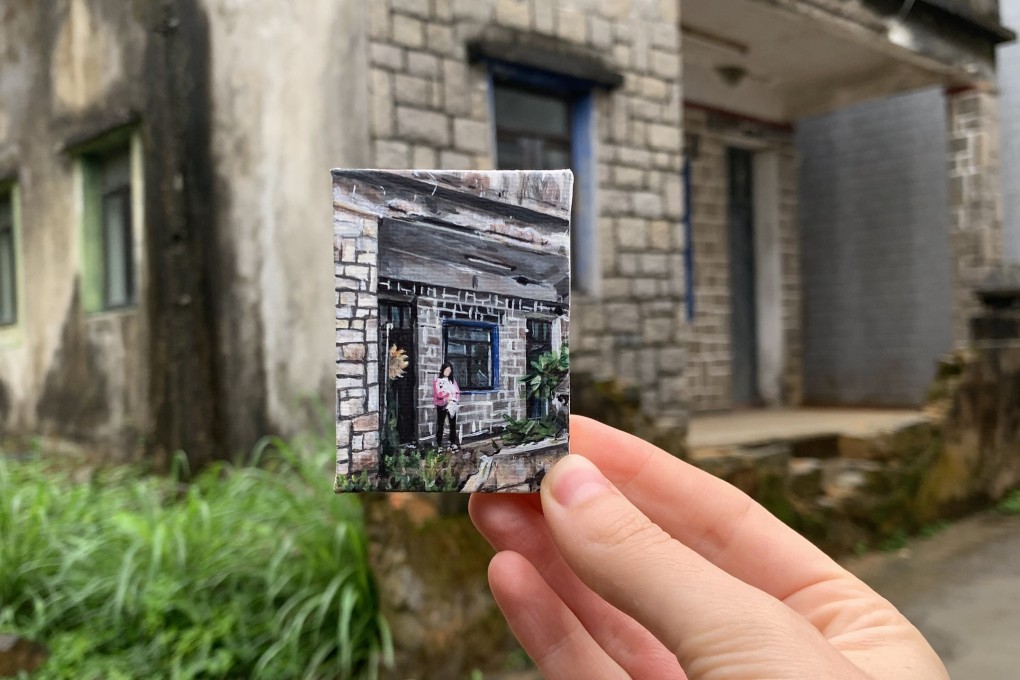 Self Portrait (2022), a 5cm x 7cm miniature of the British artist Phoebe Richardson with her dog, outside an abandoned stone house on Lamma Island, Hong Kong. Photo: Phoebe Richardson