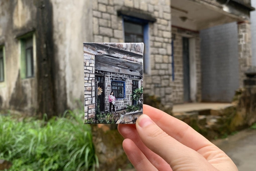 Self Portrait (2022), a 5cm x 7cm miniature of the British artist Phoebe Richardson with her dog, outside an abandoned stone house on Lamma Island, Hong Kong. Photo: Phoebe Richardson