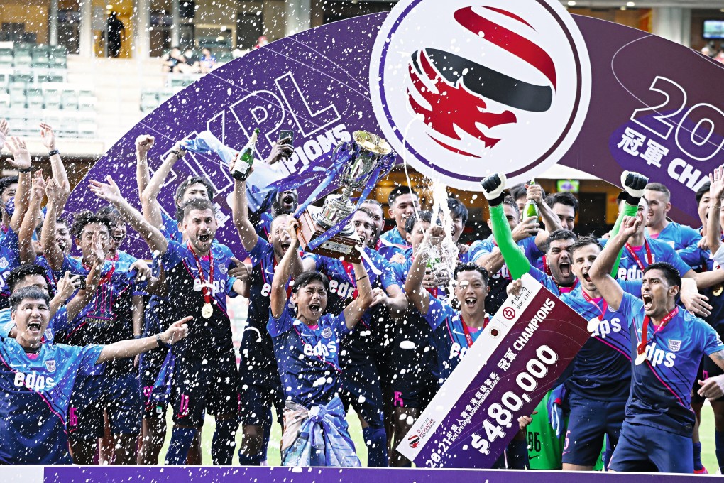 Kitchee players celebrate at Hong Kong Stadium after winning the 2021 BOC Premier League championship. Photo: K. Y. Cheng