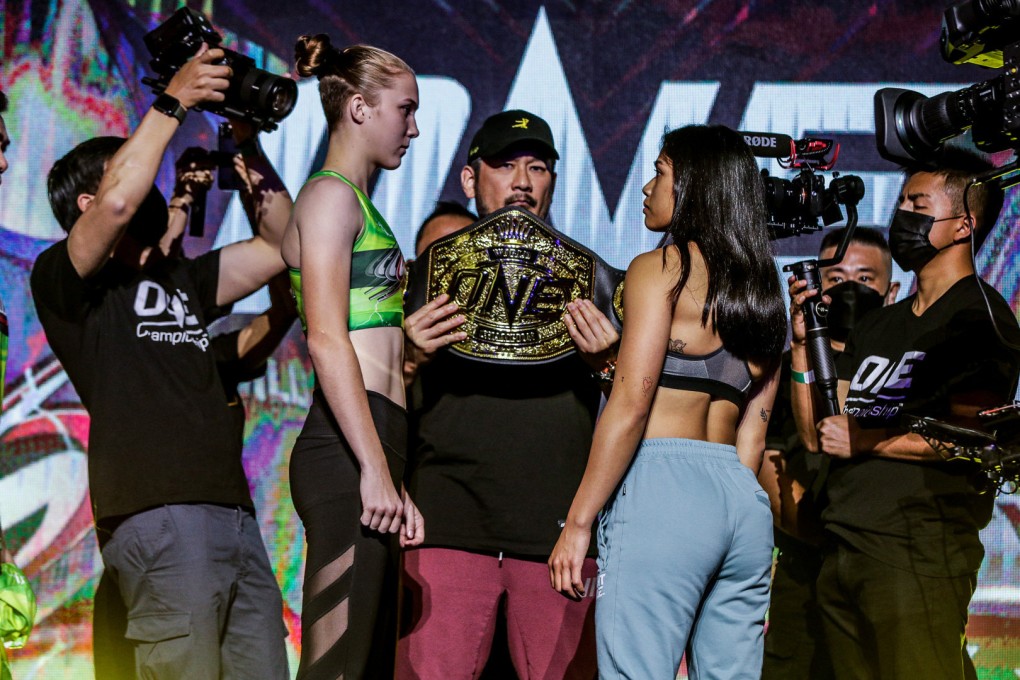 Smilla Sundell (left) and Jackie Buntan weigh-in for their strawweight Muay Thai title fight at ONE Championship 156. Photo: ONE Championship.