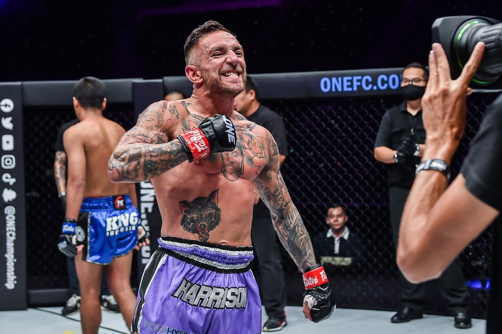 Liam Harrison celebrates beating Muanghtai at ONE 156. Photos: ONE Championship