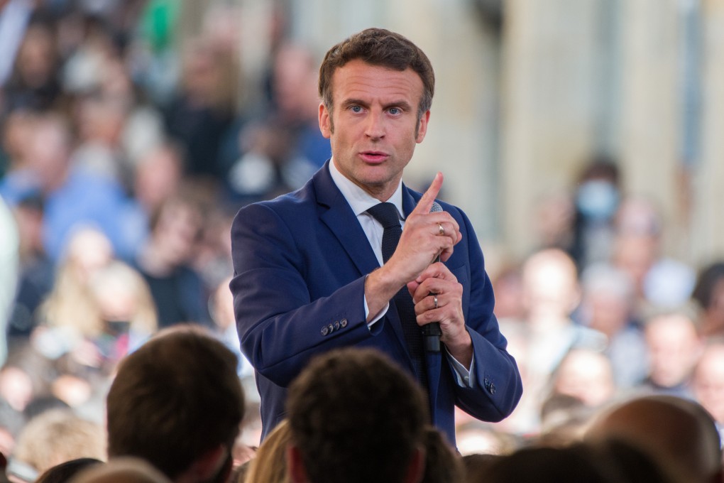 French President Emmanuel Macron speaks to supporters during his final campaign speech in Figeac, France on Friday. Photo: Bloomberg