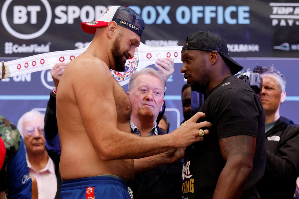 Tyson Fury (left) and Dillian Whyte go head to head during their weigh-in before the clash at Wembley. Photo: Action Images via Reuters