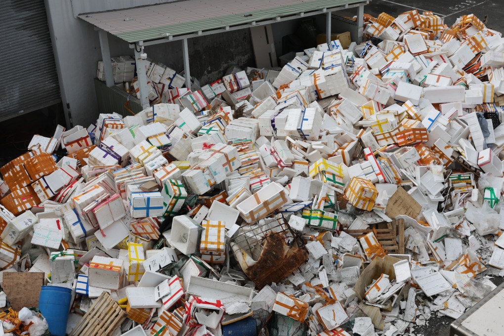 Empty polyfoam boxes are piled up at Cheung Sha Wan Wholesale Food Market. Photo: Edmond So
