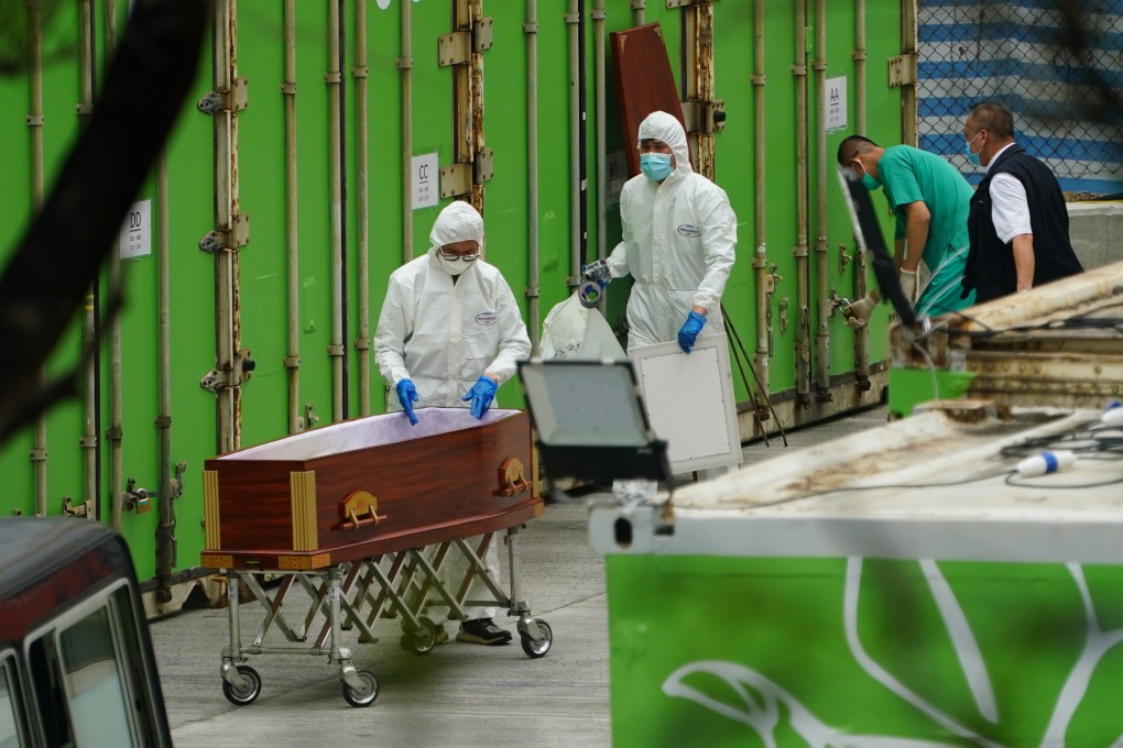 Workers transfer the body of a Covid-19 victim from a makeshift morgue outside Fu Shan Public Mortuary in March. Photo: Felix Wong
