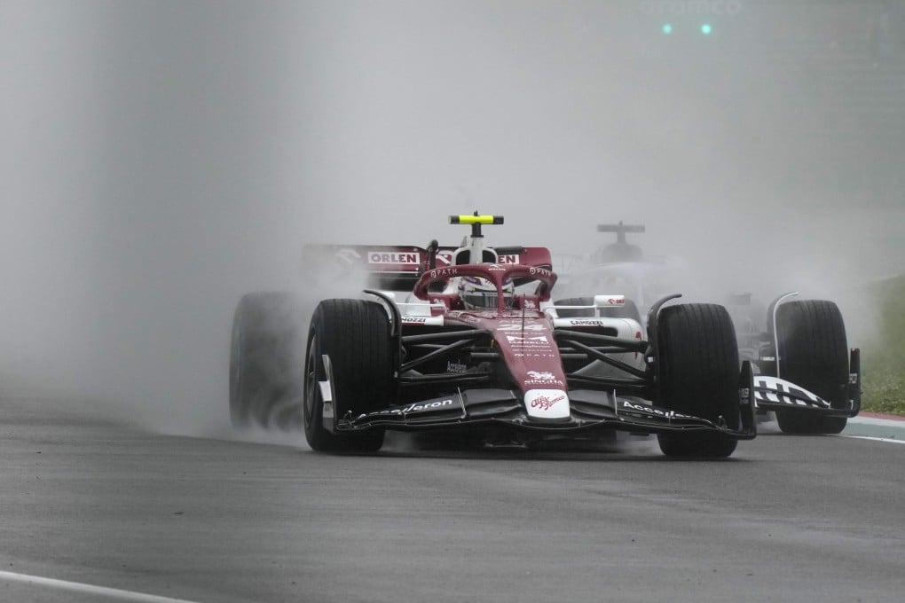 Alfa Romeo driver Zhou Guanyu of China negotiates wet conditions during the first free practice for Sunday’s Formula One grand prix in Italy. Photo: AP