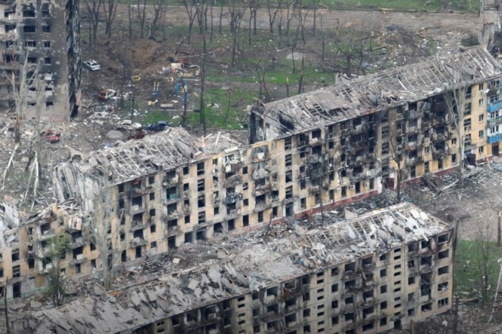 A drone image shows damaged buildings in Mariupol. Photo: Azov/Handout via Reuters