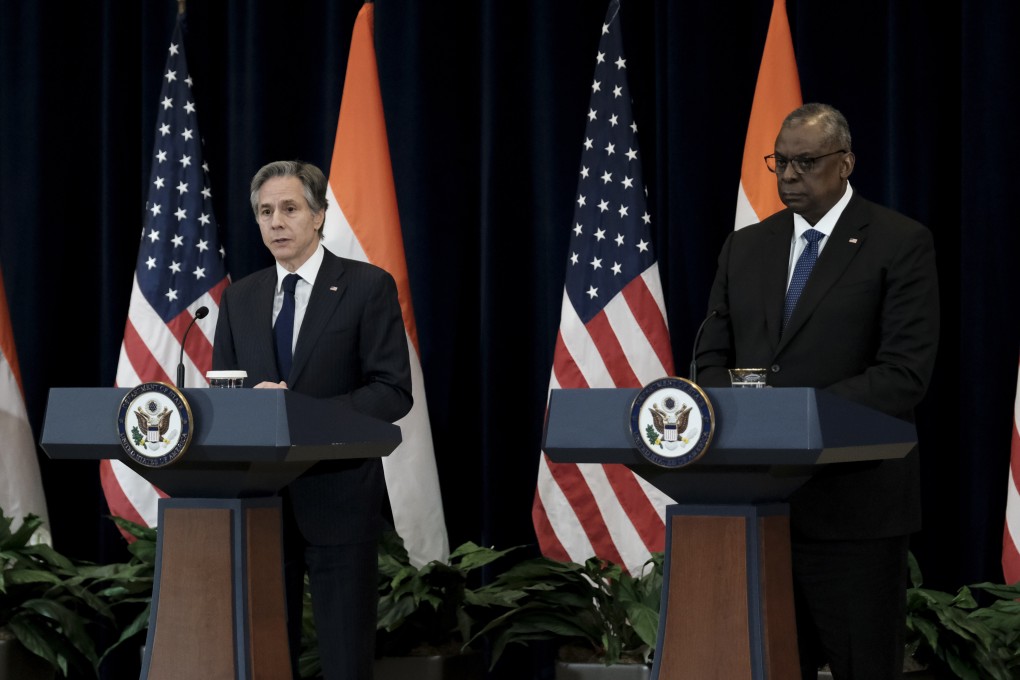 US Secretary of State Antony Blinken, left, and Defence Secretary Lloyd Austin at the State Department in Washington, on April 11. Photo: Pool via AP