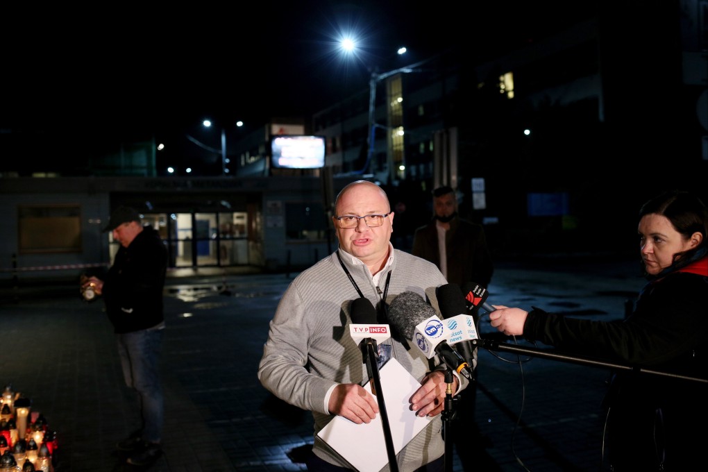 Marcin Golebiowski, technical director of Zofiowka coal mine, during a press conference in front of the mine in Jastrzebie-Zdroj, Poland on April 24. Photo: EPA-EFE