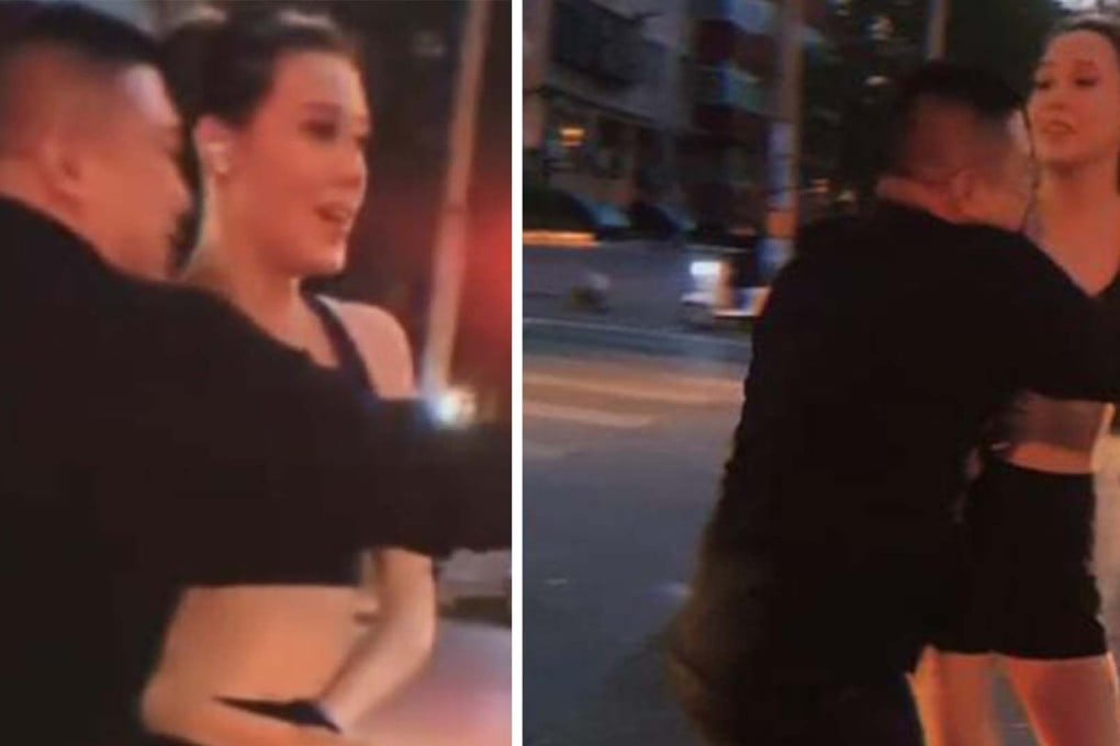 A man in a video seen stopping Olympic champion Eileen Gu from crossing a road says he only tried to ensure her safety at a crossroads. Picture: SCMP Artwork