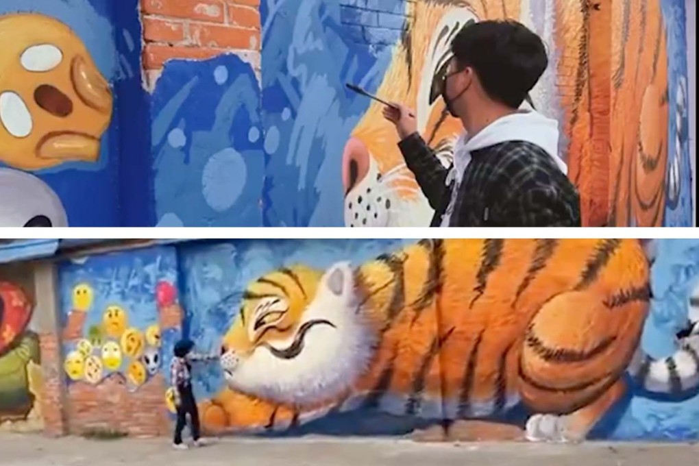 The mural of a 30-year-old artist in Chengdu has gone viral in China. Photo: SCMP composite