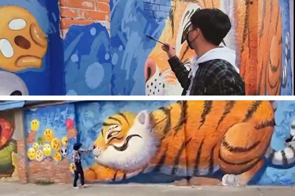 The mural of a 30-year-old artist in Chengdu has gone viral in China. Photo: SCMP composite