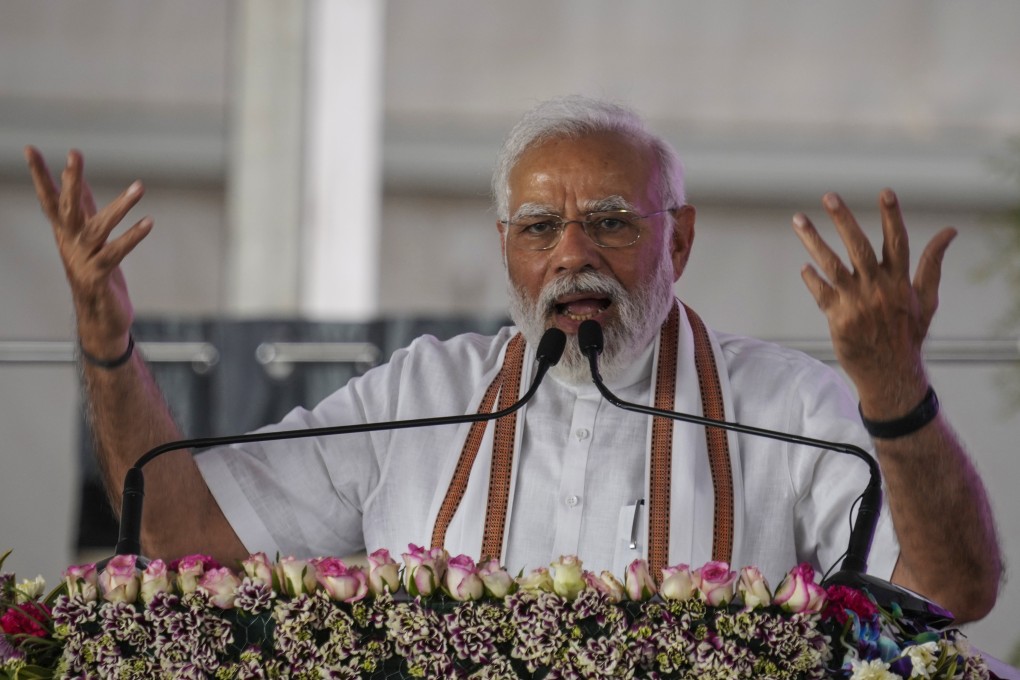 India’s Prime Minister Narendra Modi speaks at an event in Jammu and Kashmir on Sunday. Photo: AP