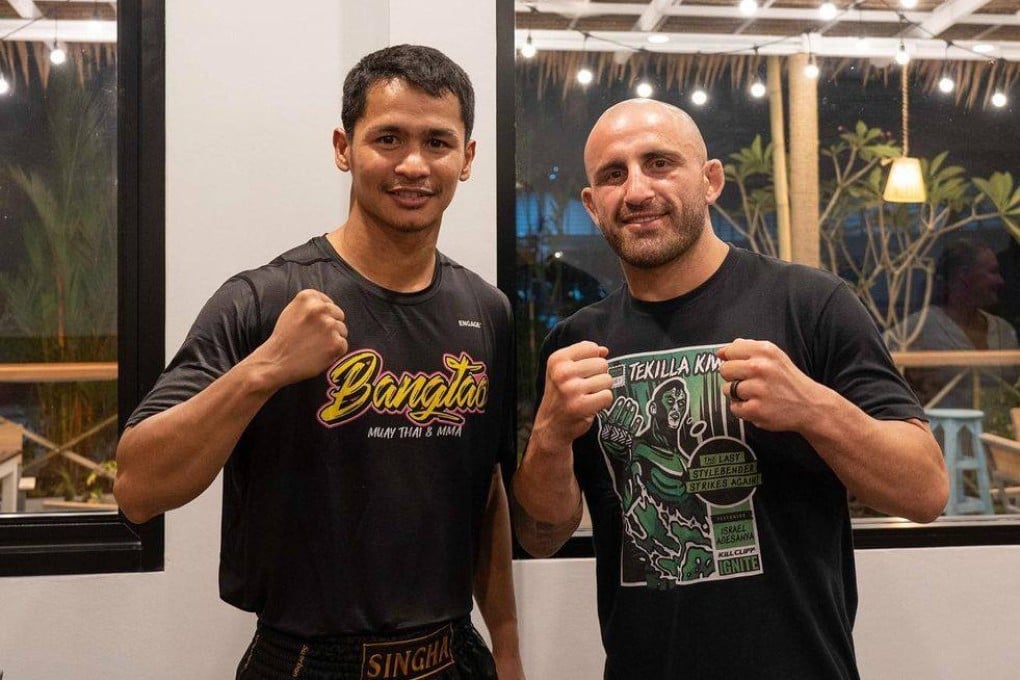ONE Championship featherweight kickboxing champ Superbon and UFC featherweight champ Alev Volkanoski at Bangtao Muay Thai & MMA. Photo: Instagram/@superbon_banchamek