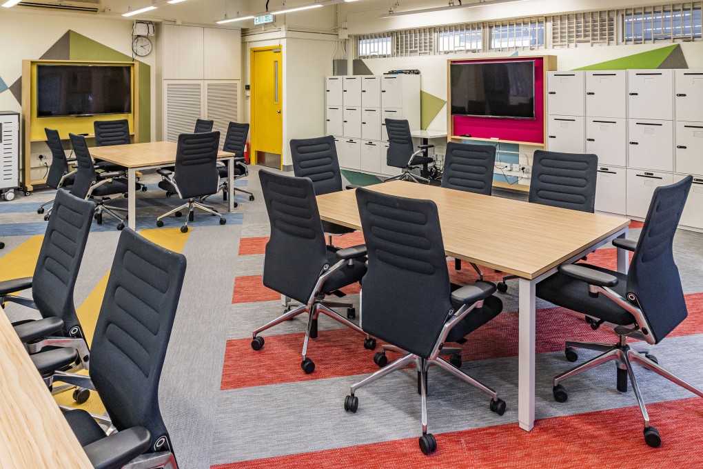 AI lab at Lok Sin Tong Yu Kan Hing Secondary School, kitted out with secondhand furniture from the Hong Kong offices of a European bank.
