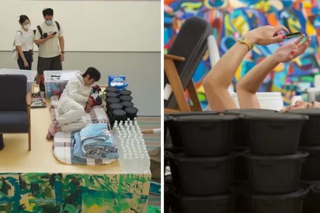 A performance artist live-streaming his 14-day ‘quarantine life’ on a small platform probokes the public to think about China’s Covid-19 strategy. Photo: SCMP Artwork