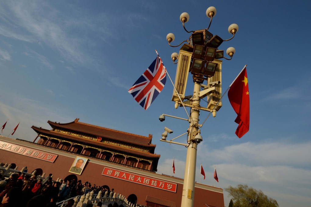 The flags of Britain and China flag are seen in Beijing’s Tiananmen Square during a UK trade visit in 2013. Photo: AFP