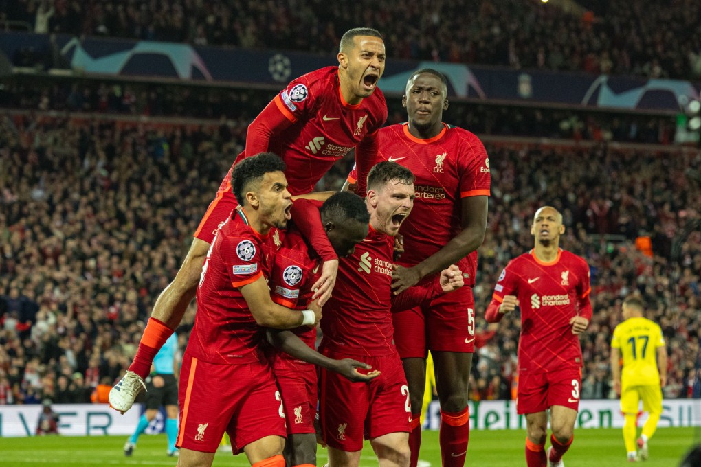 Liverpool’s Sadio Mane (second left) celebrates with his teammates after scoring the second goal during the Champions League semi-final first leg against Villarreal at Anfield. Photo: Xinhua